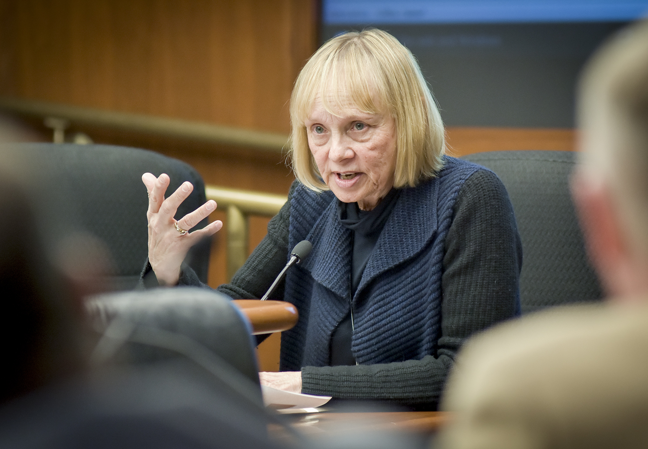 Michele Kelm-Helgen, chair of the Minnesota Sports Facility Authority, testifies before the House Government Operations and Elections Policy Committee Jan. 11. Photo by Andrew VonBank

